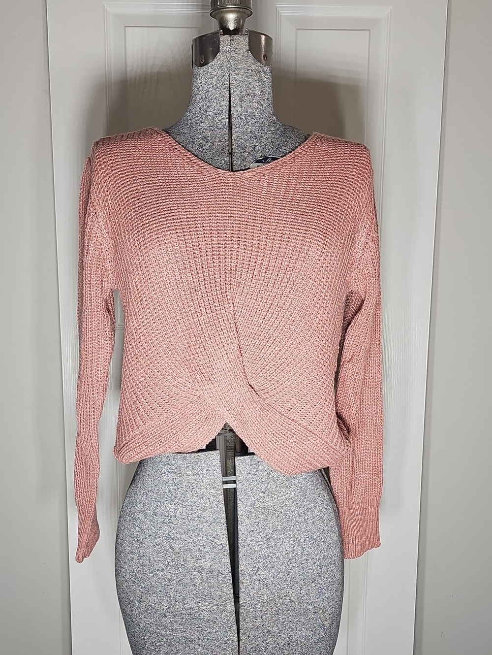 Poof Apparel Pink Sweater with Front Twist Strappy Low Back Cotton Blend Size S